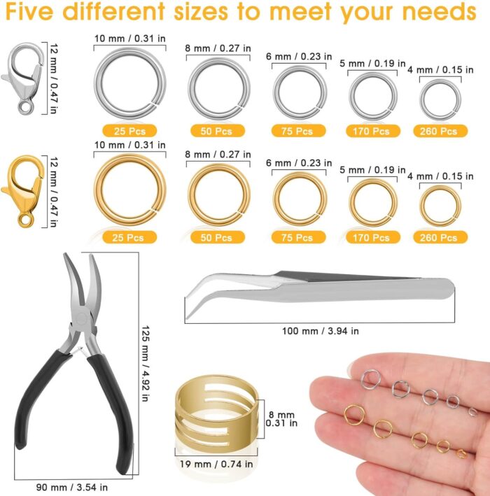 Anezus Jump Rings for Jewelry Making Supplies and Necklace Repair with Jump Ring Pliers and Open Jump Ring(1200Pcs Silver and Gold) - Image 3