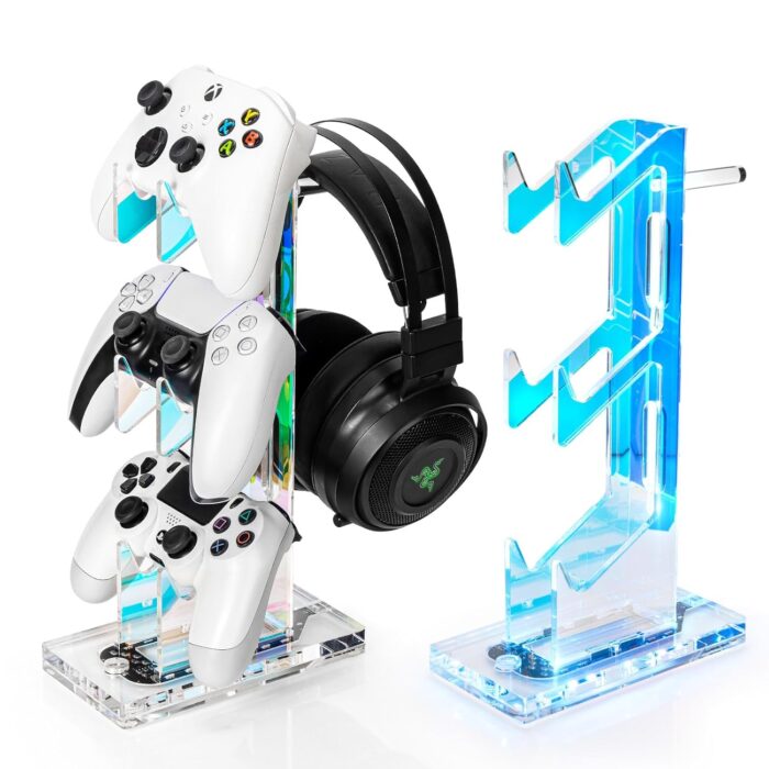 OAPRIRE Controller Holder Headset Stand with Lights, 3 Tier Acrylic Gaming Controller Stand for PS4, PS5, Xbox ONE, Switch, Universal Design (Clear) - Image 2