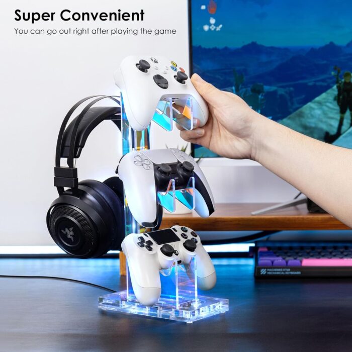 OAPRIRE Controller Holder Headset Stand with Lights, 3 Tier Acrylic Gaming Controller Stand for PS4, PS5, Xbox ONE, Switch, Universal Design (Clear) - Image 7