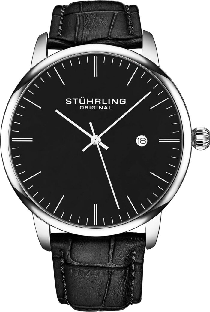 Stuhrling Original Mens Black Watch Calfskin Leather Strap Classic Dress Wrist Watch Minimalist Analog Watch Dial with Date Mens Black Watch - Image 2