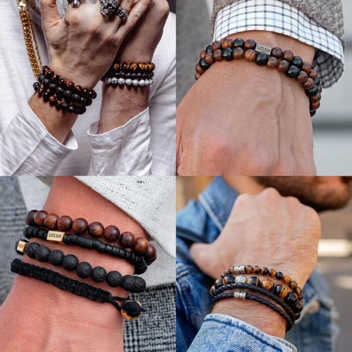 RANKEEF Tiger Eye Bracelet For Men 8MM Natural Stone Beads Bracelet Set Stretch Lava Rock Bracelets Adjustable Black Crystal Beaded Bracelet for Men Women Gifts - Image 3