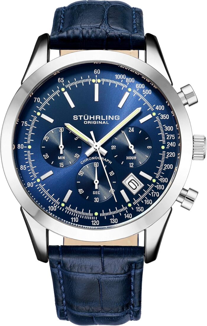 Stuhrling Original Mens Watches Chronograph Analog Blue Watch Dial with Date - Tachymeter 24-Hour Subdial Mens Blue Leather Strap - Watches for Men Rialto Collection - Image 2