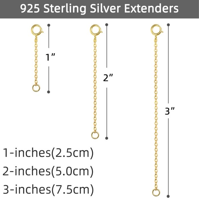 Gold Necklace Extenders 14k Gold Plated Extender Chain 925 Sterling Silver Extension Bracelet Extender Gold Chain Extenders for Necklaces 3 Pcs (1 2 3 Inch)(Gold) - Image 4