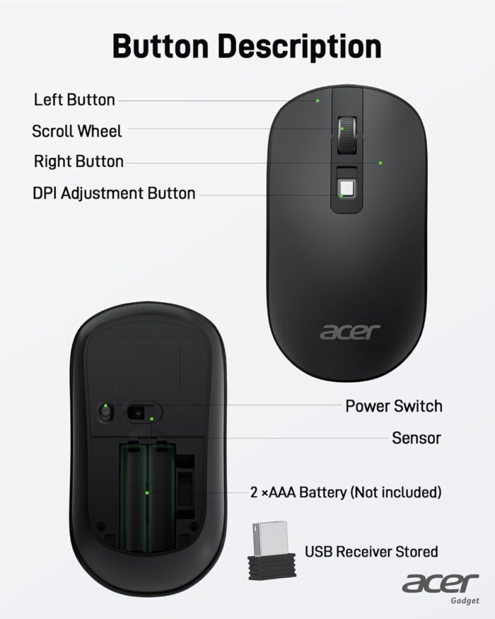 acer Computer Mouse Wireless, 2.4G Slim USB Wireless Mice with USB Receiver, 800/1200/1600 Adjustable DPI Optical Laptop Mouse with 4 Buttons, Portable Mouse for Laptop, Desktop, PC - Image 5