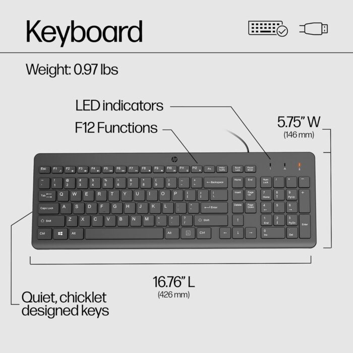 HP 150 Wired Keyboard with Numeric Keypad - Silent-Touch Chiclet Keyboard - Ergonomic, Comfortable - USB Plug-and-Connectivity, LED Indicators (664R5AA, Black) - Image 8