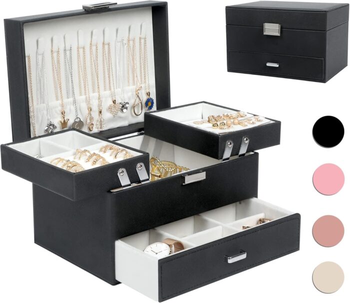 Dajasan Jewelry Boxes for Women Girls, Jewelry Organizer Box, 3 Layers Jewelry Storage Organizer for Earring, Ring, Necklace, Bracelets (Black) - Image 2