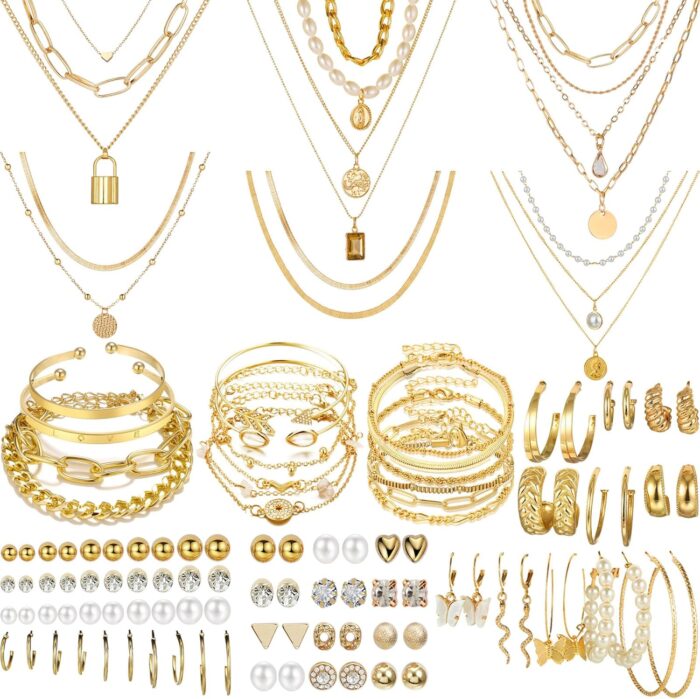 NEWITIN 69 Pieces Gold Jewelry Set for Women Fashion Costume Jewelry Gold Plated Necklace Bracelet Gold Earrings Set for Women - Image 2