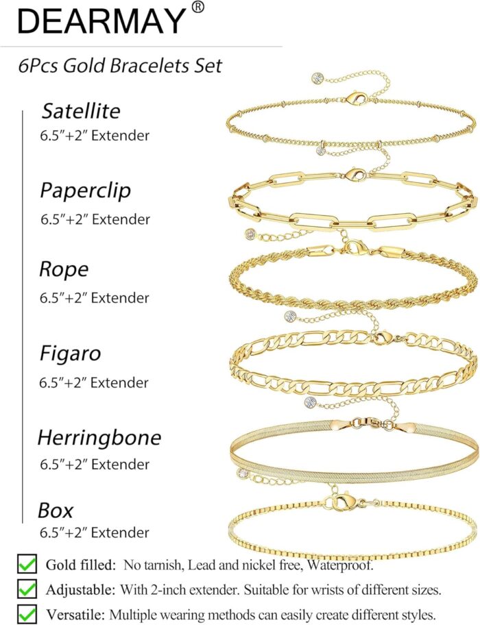 DEARMAY Gold Bracelets for Women Waterproof, 14K Real Gold Jewelry Sets for Women Trendy Thin Dainty Stackable Cuban Link Paperclip Chain Bracelet Pack Fashion Accessories Gifts for Womens - Image 6