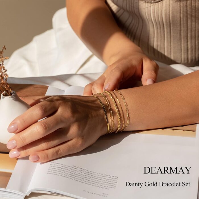 DEARMAY Gold Bracelets for Women Waterproof, 14K Real Gold Jewelry Sets for Women Trendy Thin Dainty Stackable Cuban Link Paperclip Chain Bracelet Pack Fashion Accessories Gifts for Womens - Image 4