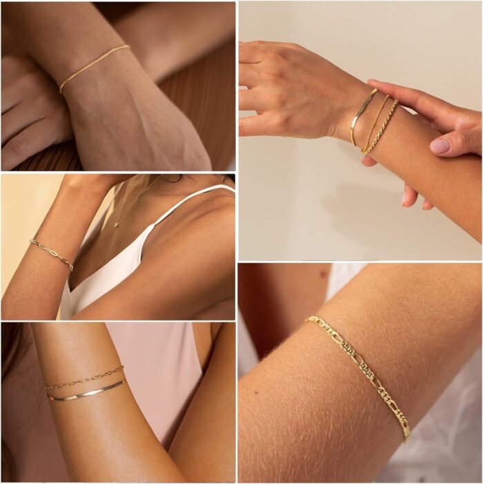 DEARMAY Gold Bracelets for Women Waterproof, 14K Real Gold Jewelry Sets for Women Trendy Thin Dainty Stackable Cuban Link Paperclip Chain Bracelet Pack Fashion Accessories Gifts for Womens - Image 5