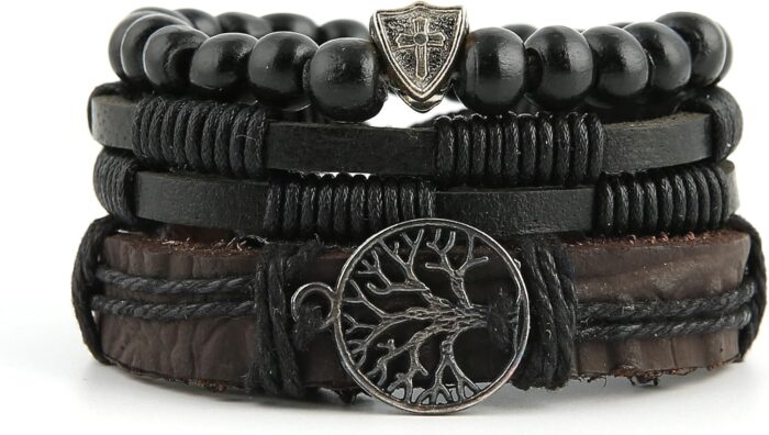 HZMAN Genuine Leather Tree of life Bracelets Men Women, Tiger Eye Natural Stone Lava Rock Beads Ethnic Tribal Elastic Bracelets Wristbands - Image 5